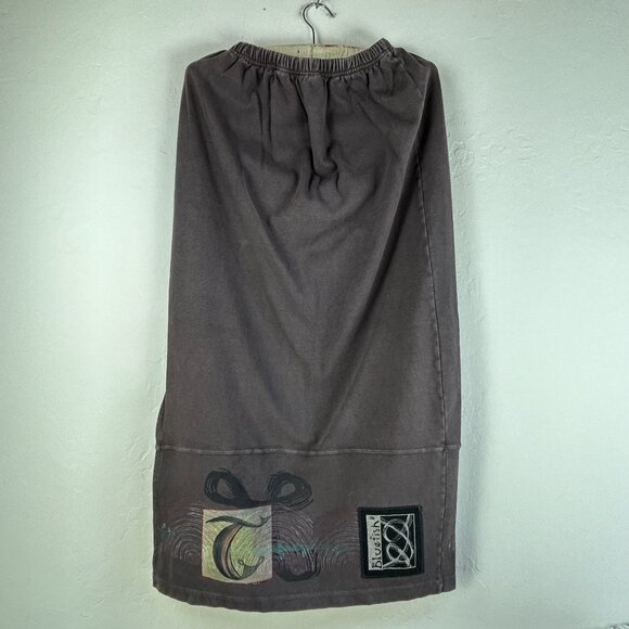 Vintage 90s Blue Fish Maxi Skirt Hand Printed Organic Cotton Dark Gray Side Slit